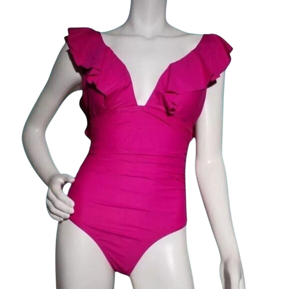 J.Crew Womens‎ Ruffle V-Neck Ruched One Piece Swimsuit Pink Plus Size 24 NEW